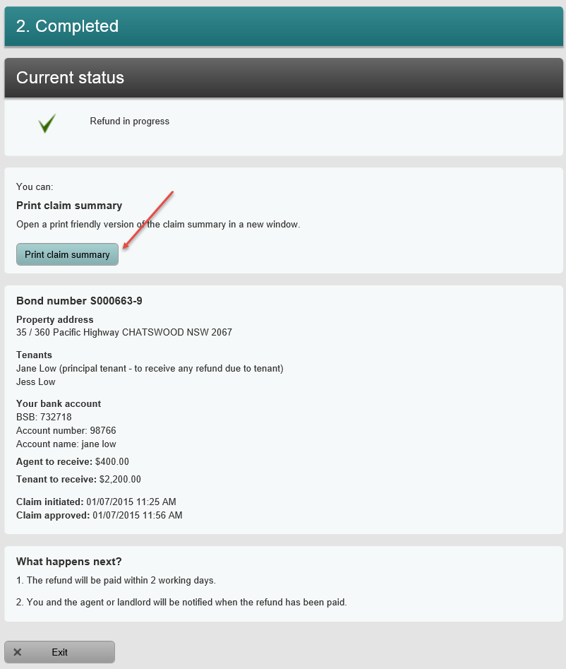 Screenshot of Refund Claim completed