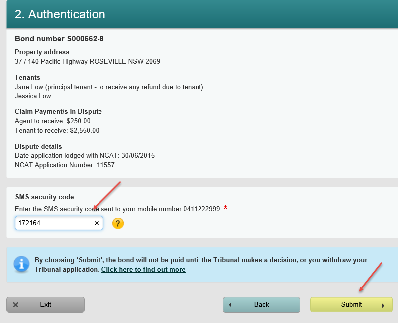 Screenshot of Authenticate SMS security code sent to mobile